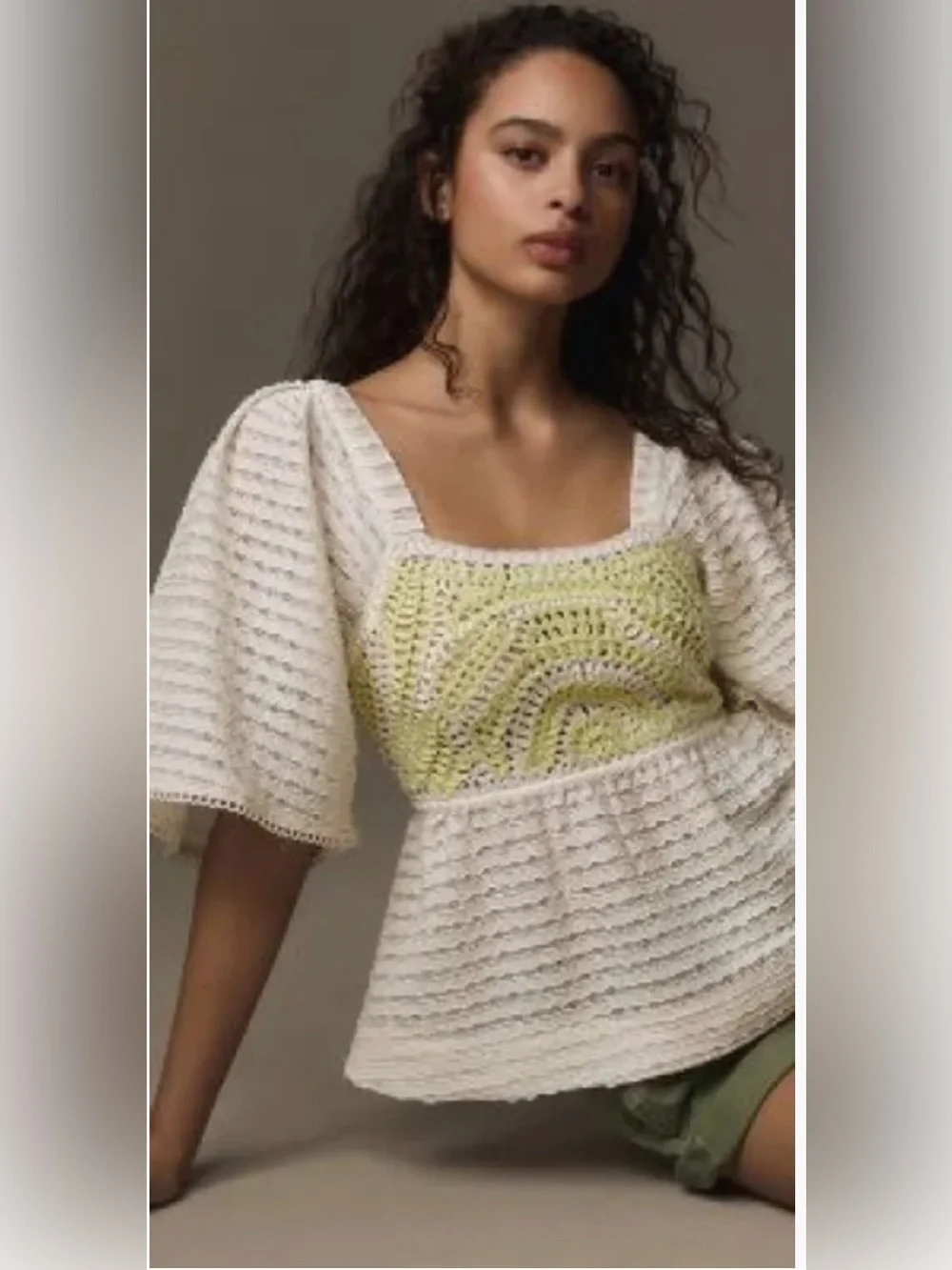 Anthropologie Sarah Hann Flutter-Sleeve Crochet Top